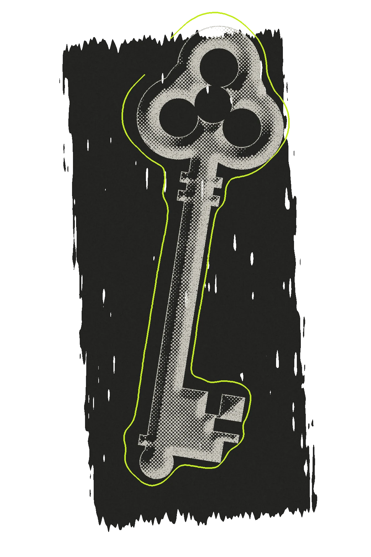 An antique key printed in bone halftone on a rough charcoal paint slab, traced with a thin lime line, on black.